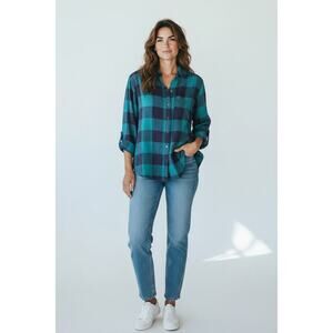 Beachlunchlounge Teal Navy Buffalo Plaid Button Down Shirt XS Lightweight Flanne